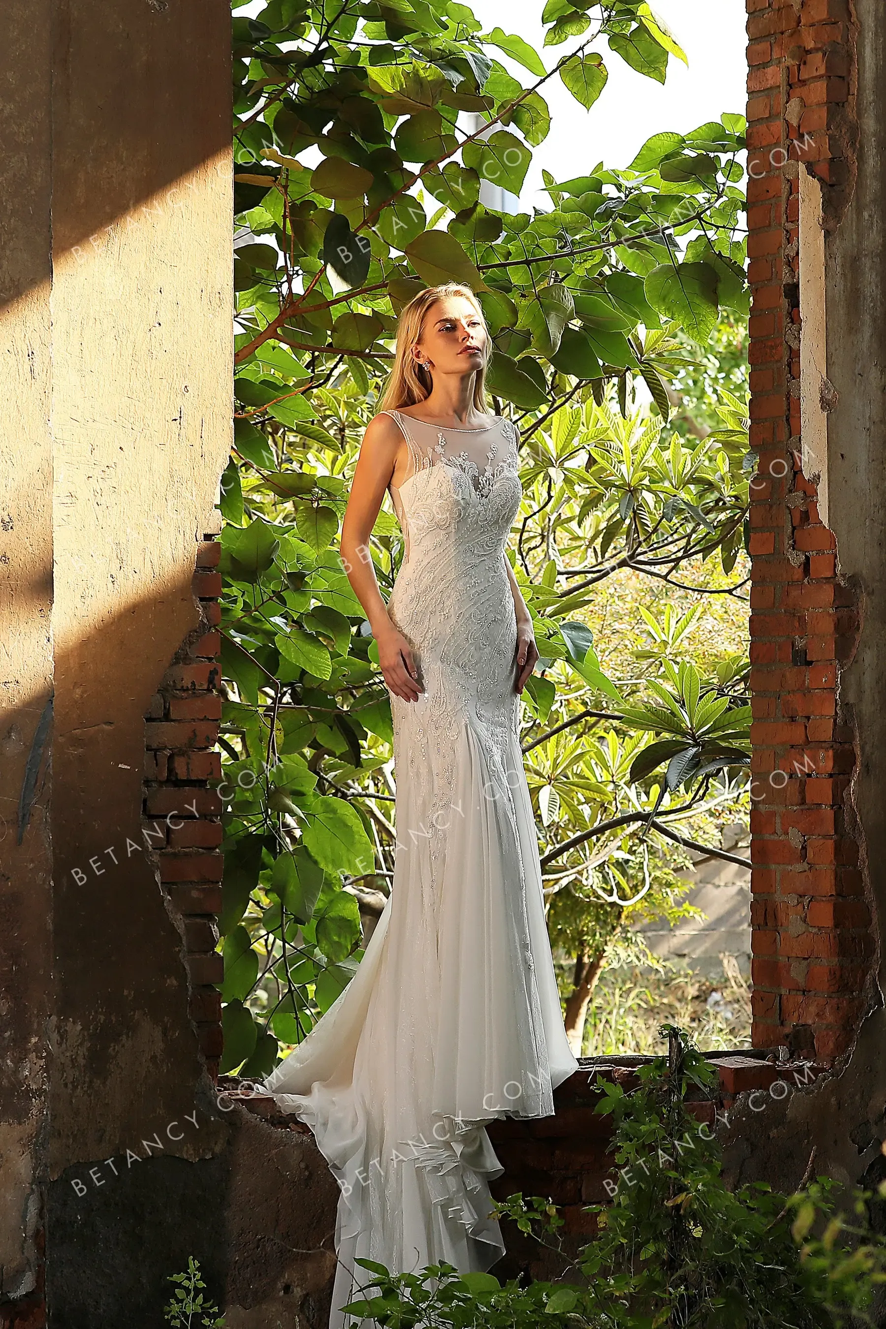 Beaded Sleeveless Illusion Bateau Neck Wedding Dress