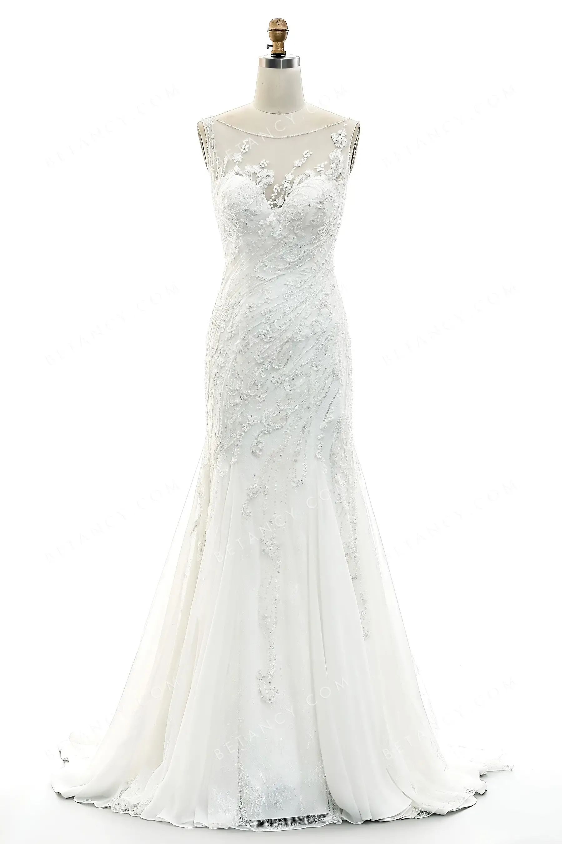 Beaded Sleeveless Illusion Bateau Neck Wedding Dress