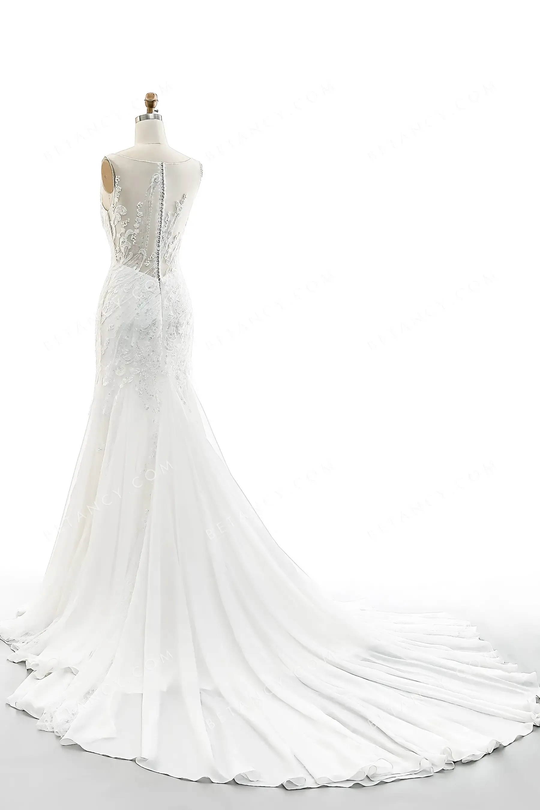 Beaded Sleeveless Illusion Bateau Neck Wedding Dress