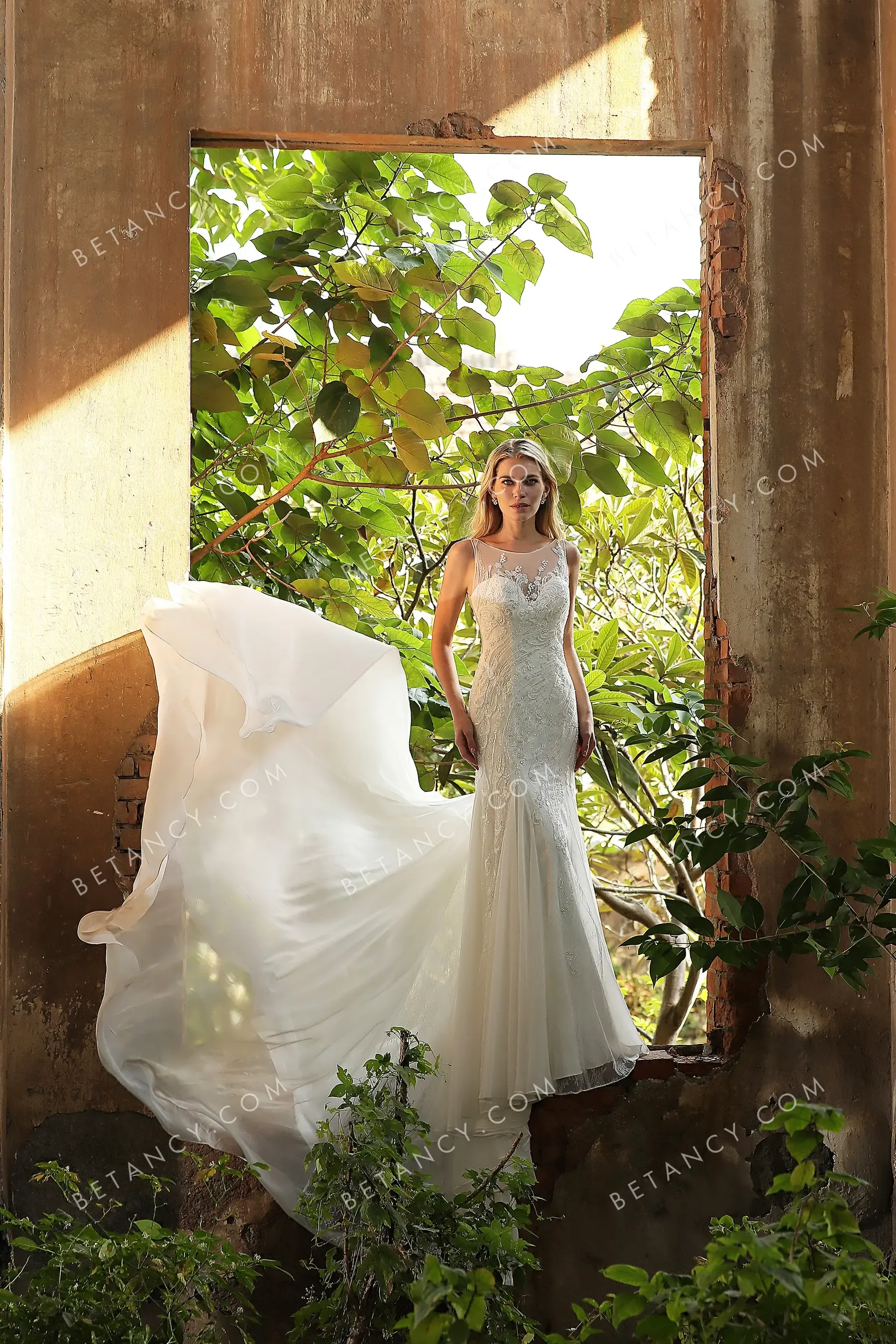 Beaded Sleeveless Illusion Bateau Neck Wedding Dress