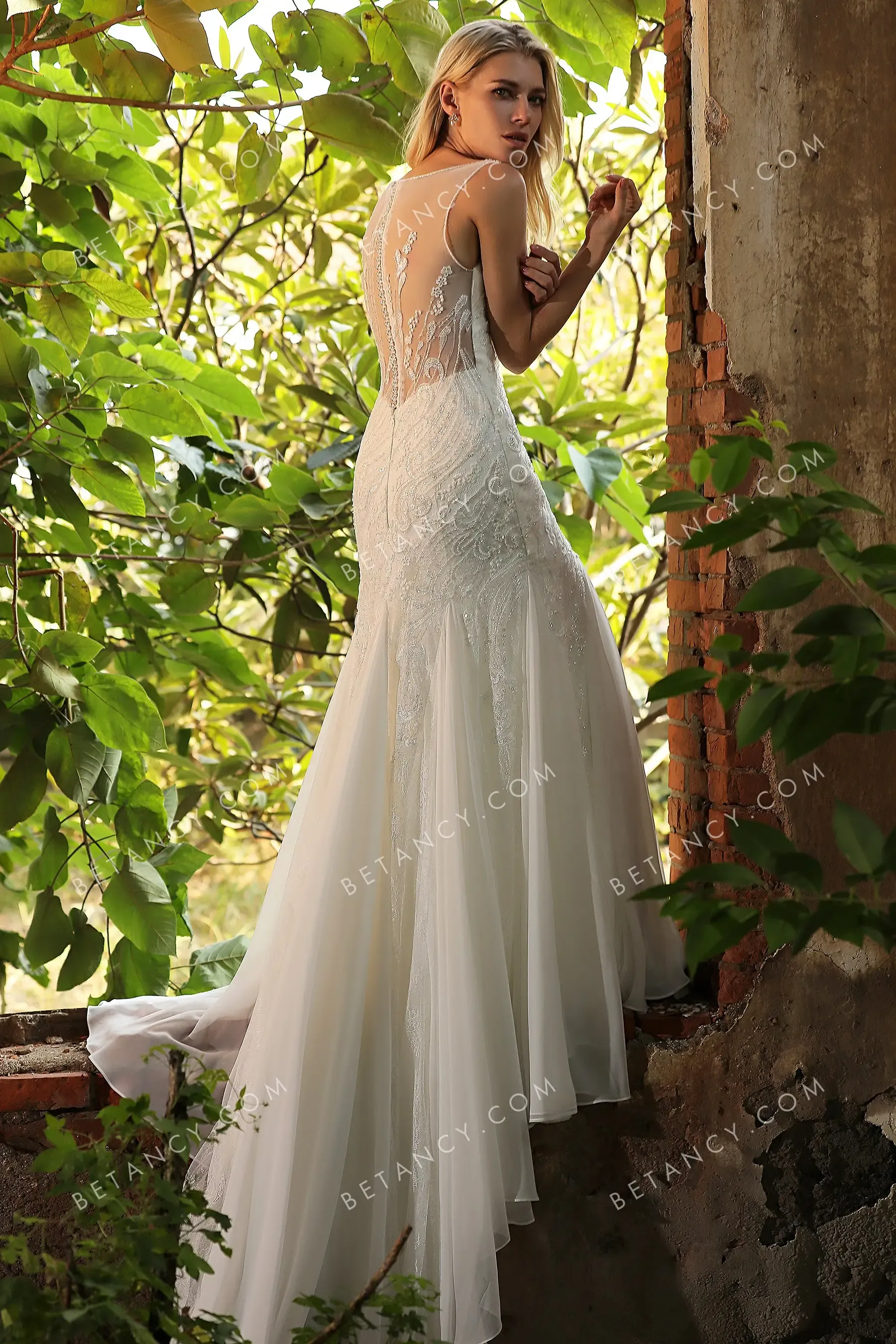 Beaded Sleeveless Illusion Bateau Neck Wedding Dress