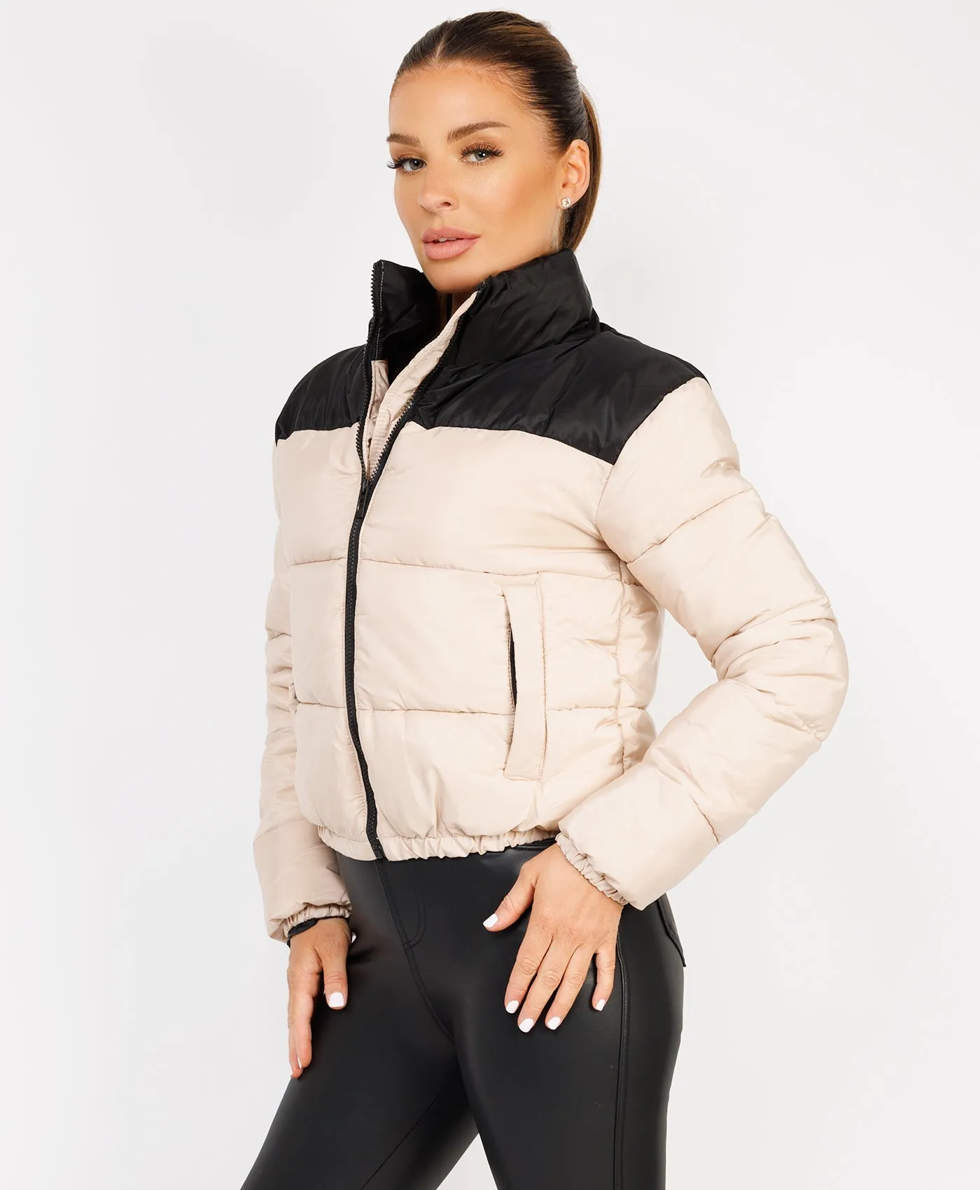 Beige Colour Block Padded Zipped Puffer Bomber Jacket