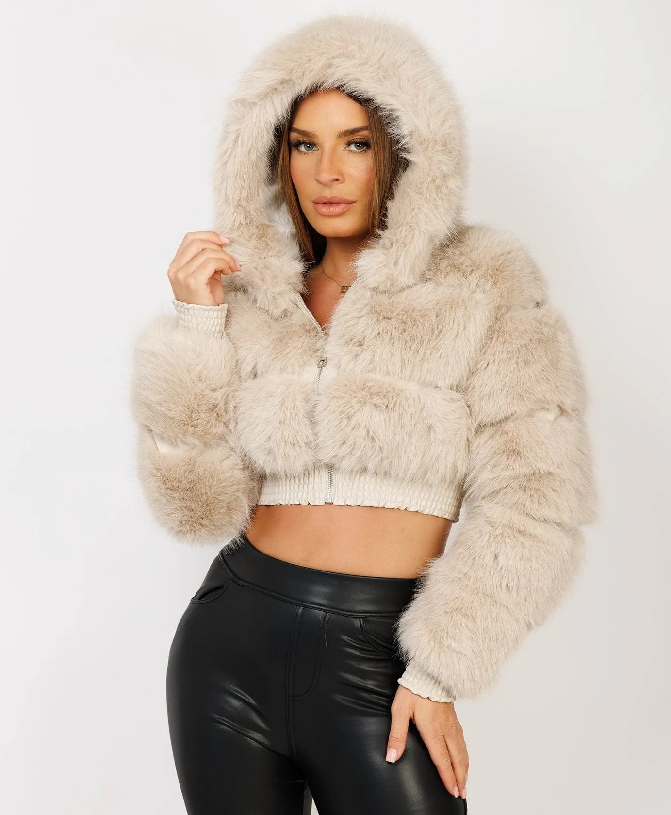 Beige Cropped Hooded Faux Fur Tiered Coat Jacket