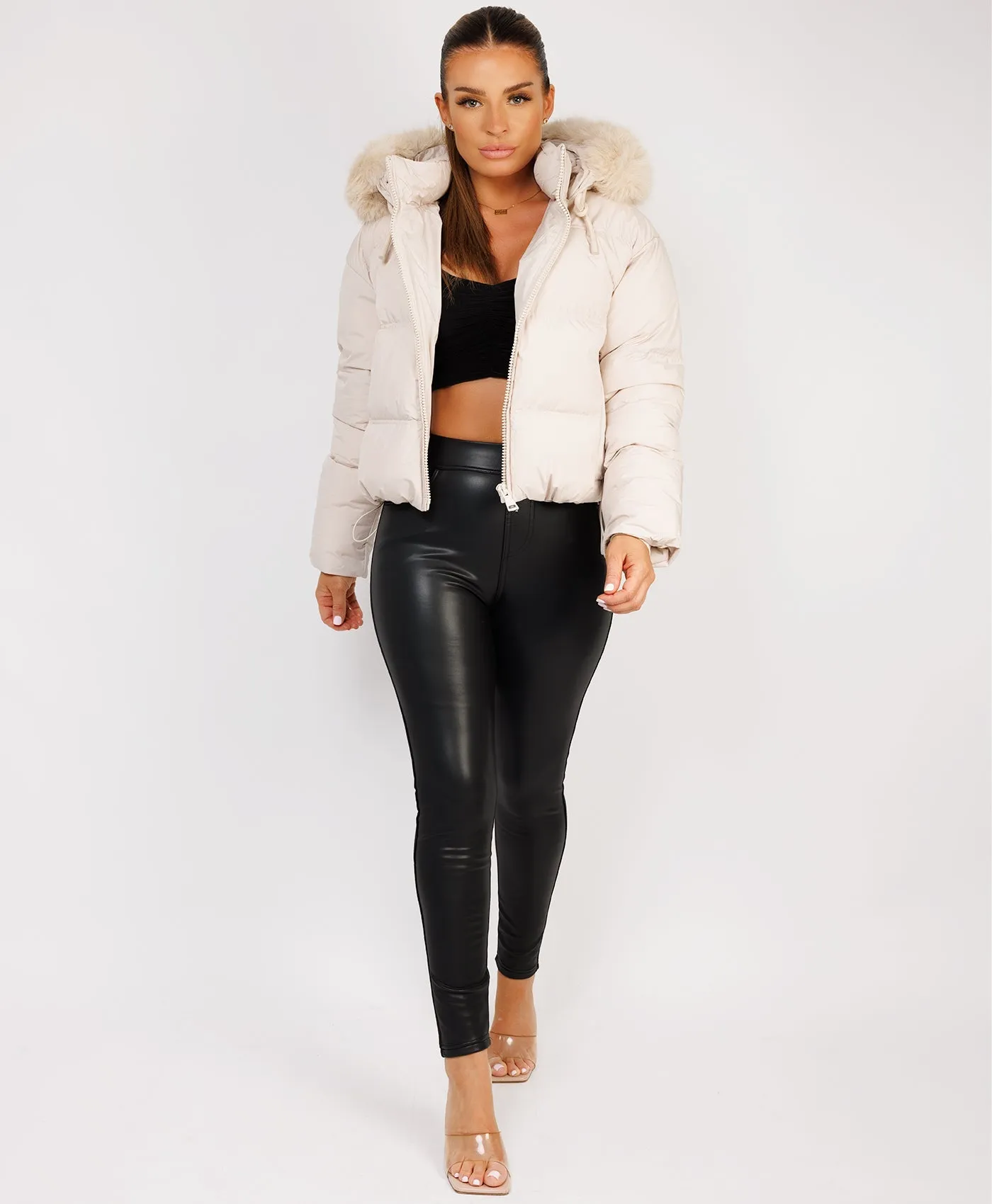 Beige Padded Puffer Chunky Faux Fur Hood Drawstring Jacket