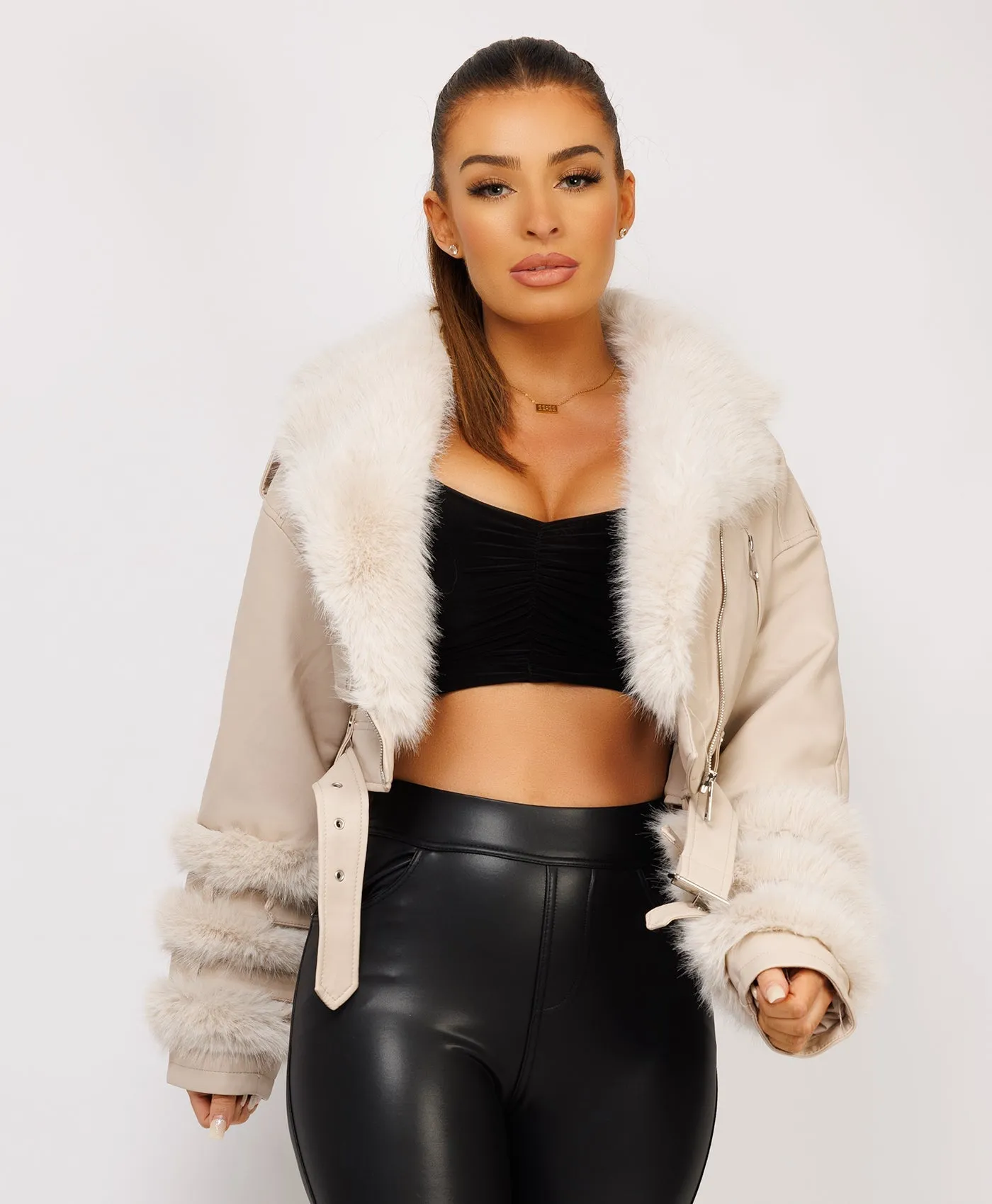 Beige Vegan Leather Faux Fur Trim Aviator Jacket