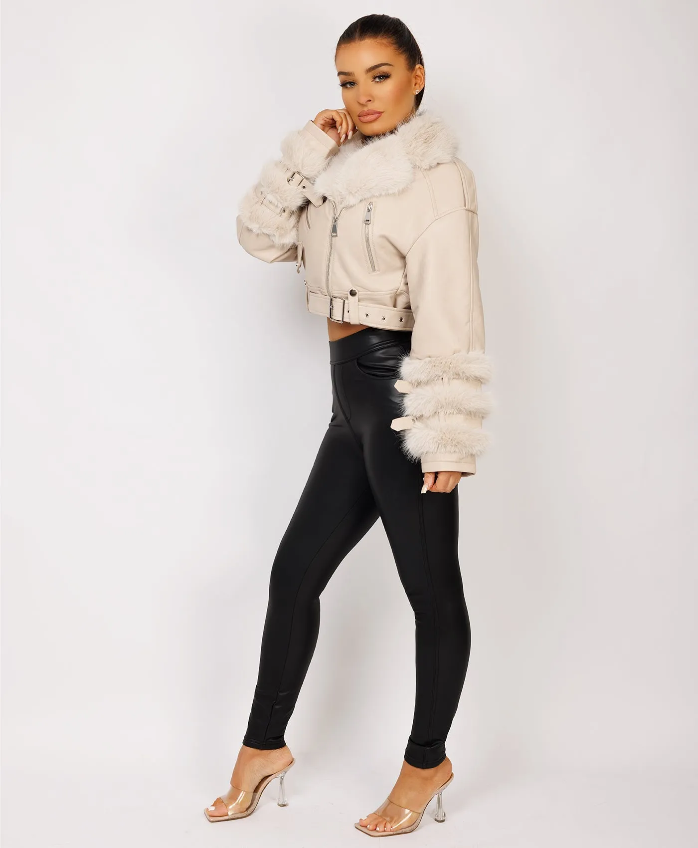 Beige Vegan Leather Faux Fur Trim Aviator Jacket