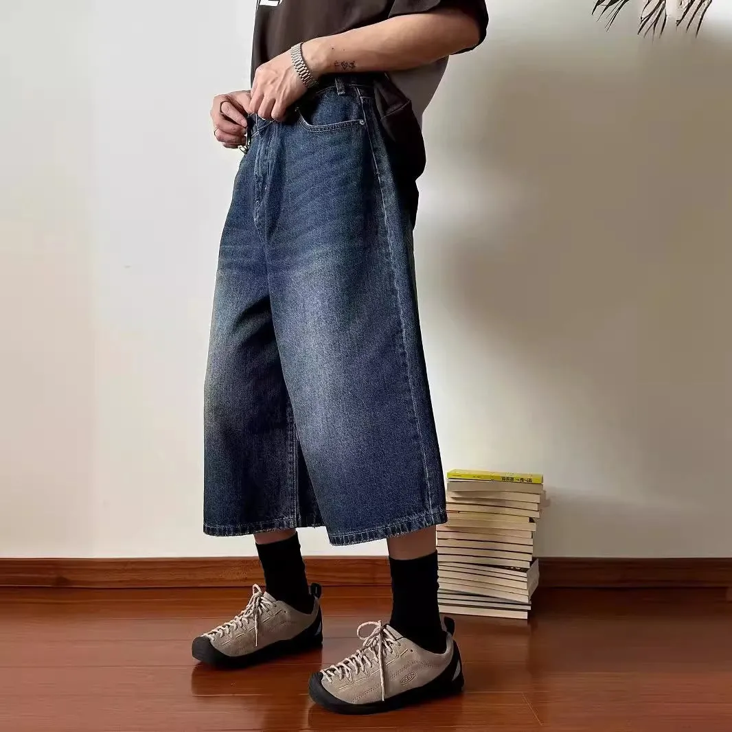 Bonsir 90s streetwear Denim Shorts Men's Summer Japanese Retro Ins Loose Cropped Pants Men's and Women's Fashionable Personalized Wide-Leg Pants