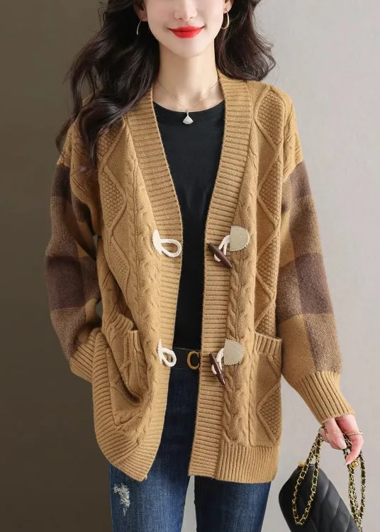 Chic Beige V Neck Button Patchwork Knit Cardigans Fall QS007