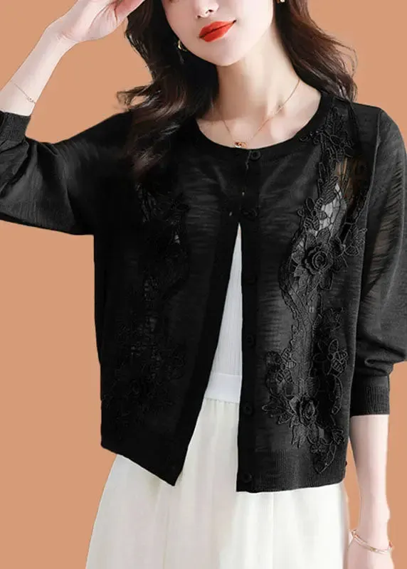 Chic Black Floral Ice Size Knit Cardigans Summer LY8110