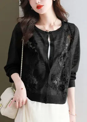 Chic Black Floral Ice Size Knit Cardigans Summer LY8110