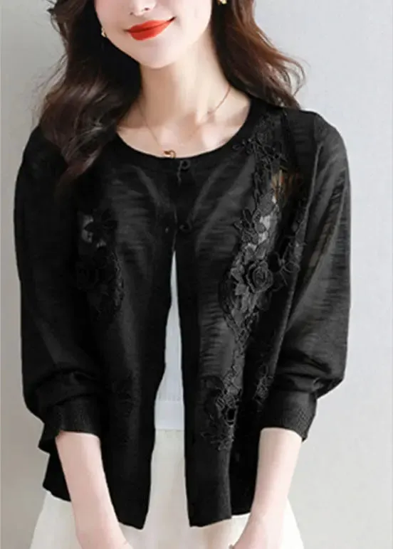 Chic Black Floral Ice Size Knit Cardigans Summer LY8110