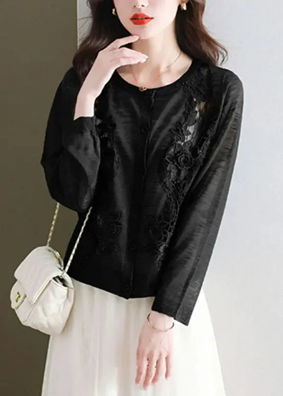 Chic Black Floral Ice Size Knit Cardigans Summer LY8110