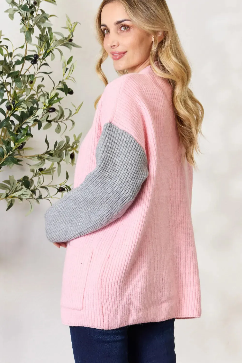 Contrast Open Front Cardigan with Pockets