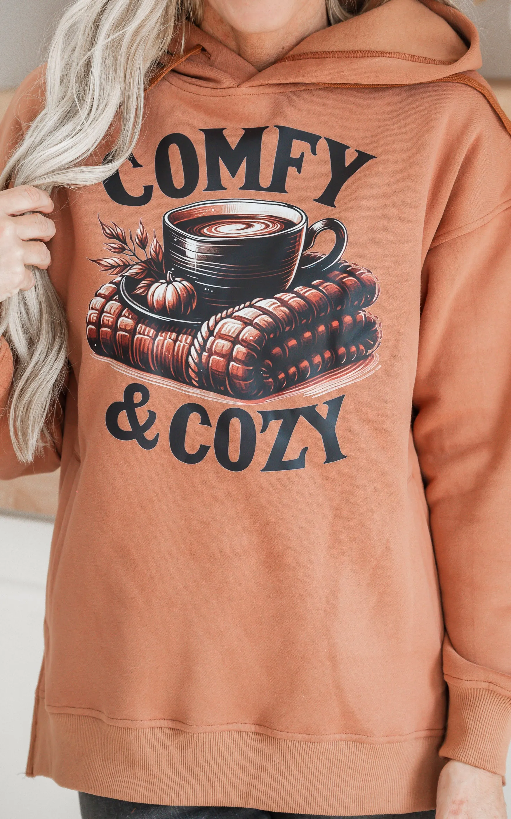 Cuddle Up Comfy & Cozy Cognac Side Slit Hoodie