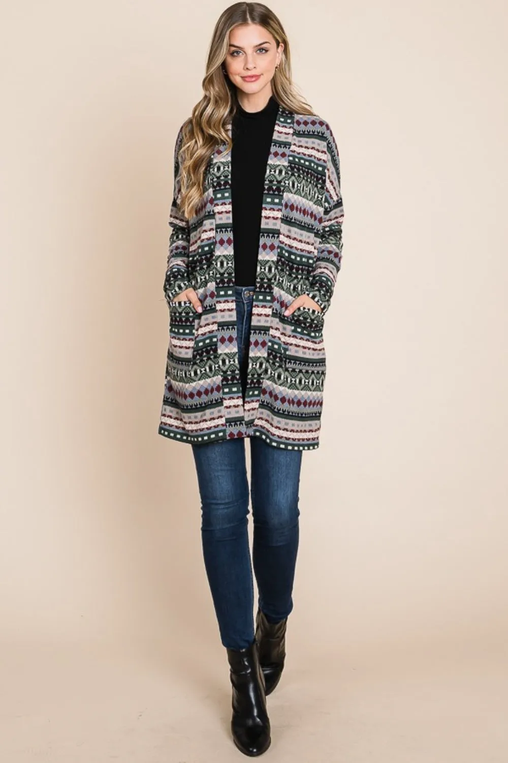 Geometric Open Front Long Sleeve Cardigan with Pockets