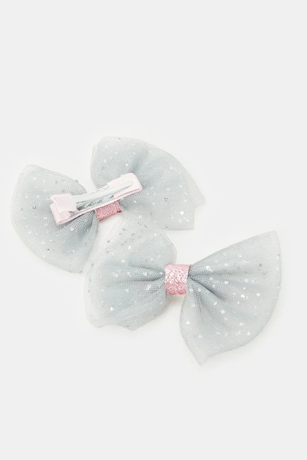 Girls Silver Glittery Bow Hair Clip Set (2 Piece)