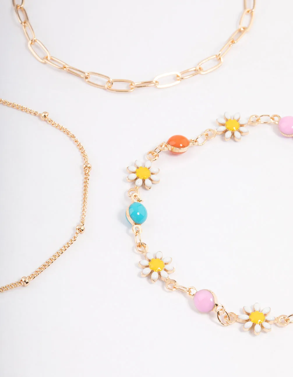 Gold Colourful Daisy & Chain Bracelet Pack