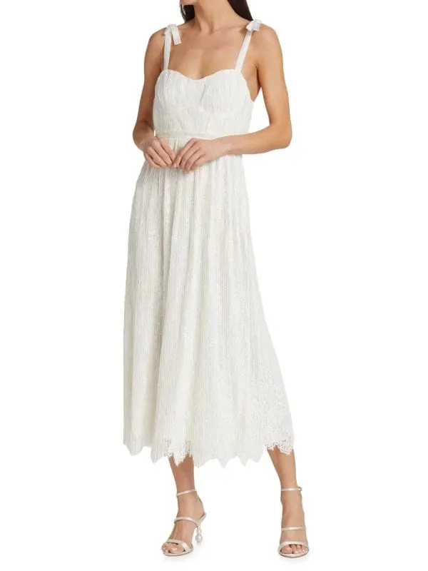 Jonathan Simkhai Silk and Lace Midi Bustier Dress with Bonnie Pleated Trim white