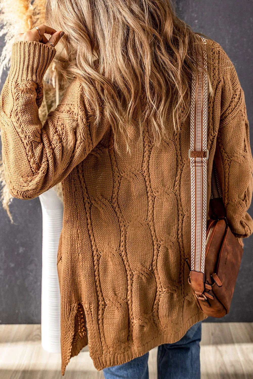 Khaki Ribbed Trim Eyelet Cable Knit Cardigan