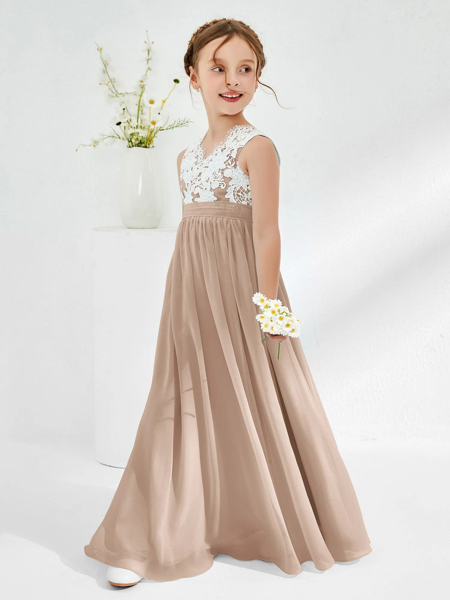 Lace Top Junior Bridesmaid Dresses Taupe