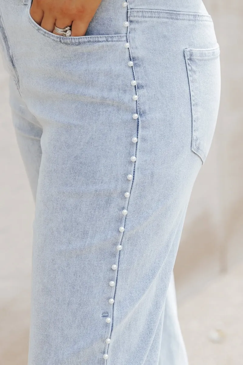 Light Wash Pearl Detail Cropped Jeans - DOORBUSTER