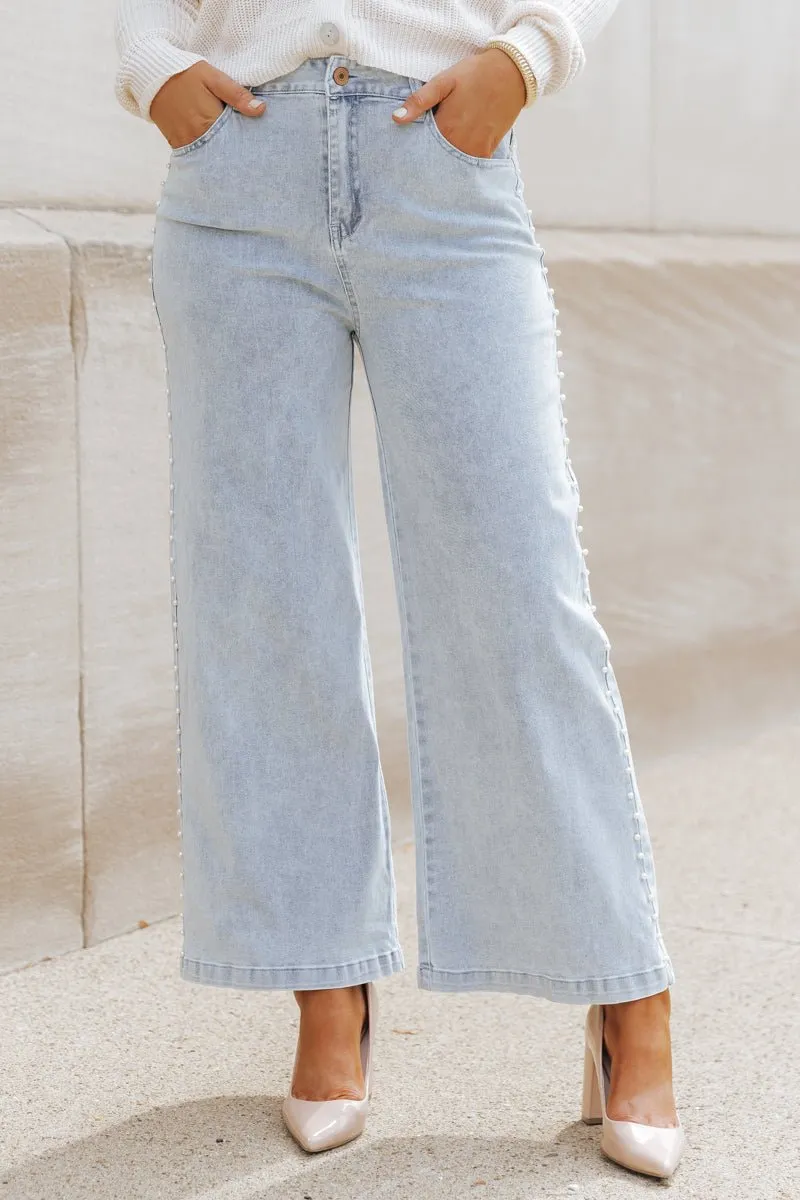 Light Wash Pearl Detail Cropped Jeans - DOORBUSTER