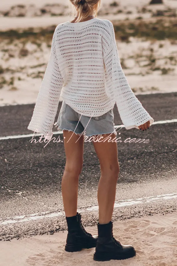 Living Easy Knit Bell Sleeve Hollow Out Relaxed Top