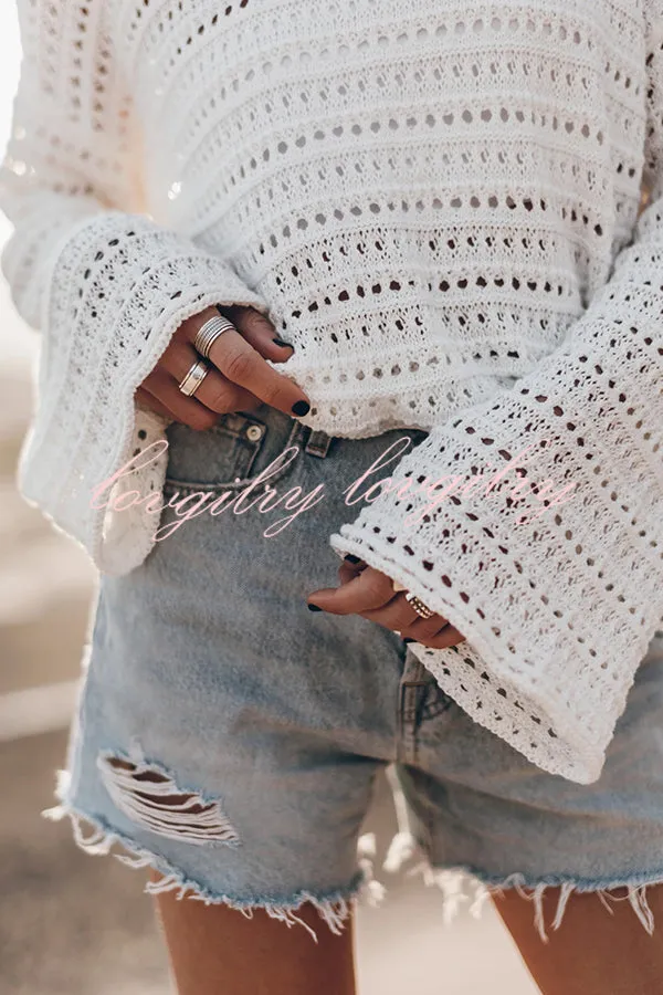 Living Easy Knit Bell Sleeve Hollow Out Relaxed Top