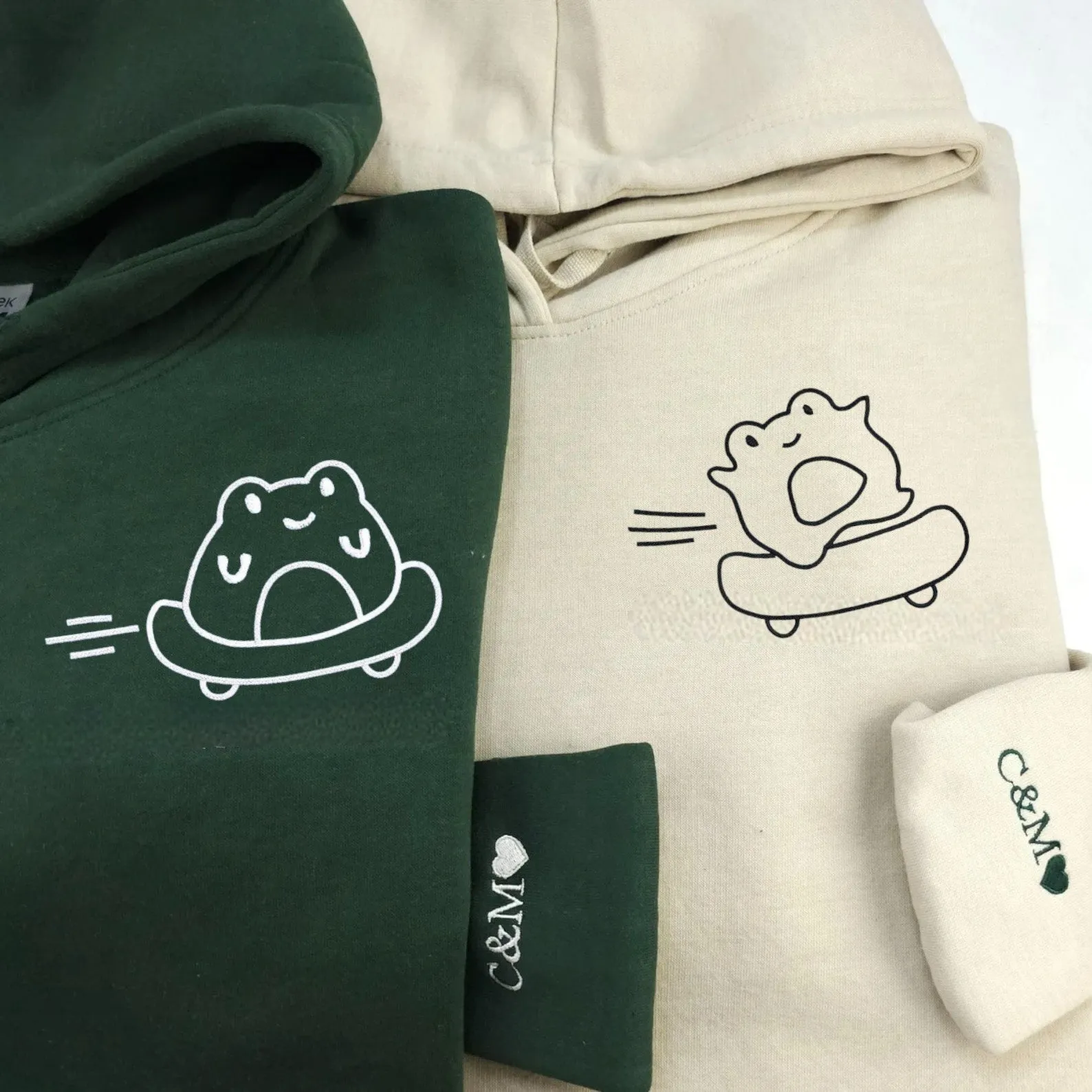 Matching Couple Hoodies - Skateboard Frog Custom Embroidered Sweatshirts For Couples