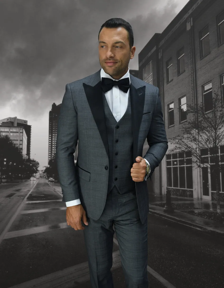 Mens 1 Button Peak Lapel Vested Wool Tuxedo in Grey