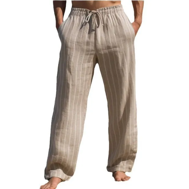 Men's Linen Drawstring Elastic Waist Straight Striped Comfortable Breathable Casual Pants