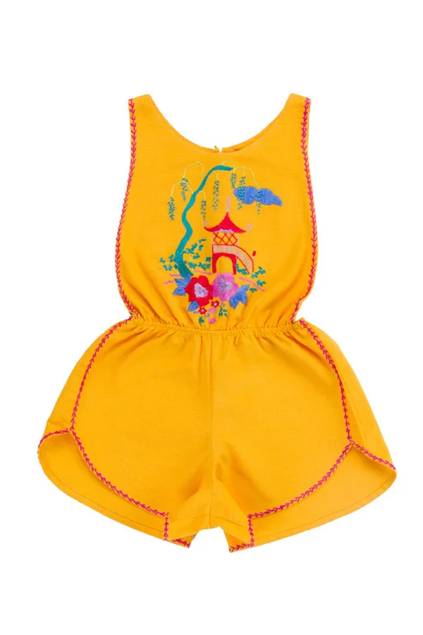 Poet Playsuit - saffron with hand stitch pagoda