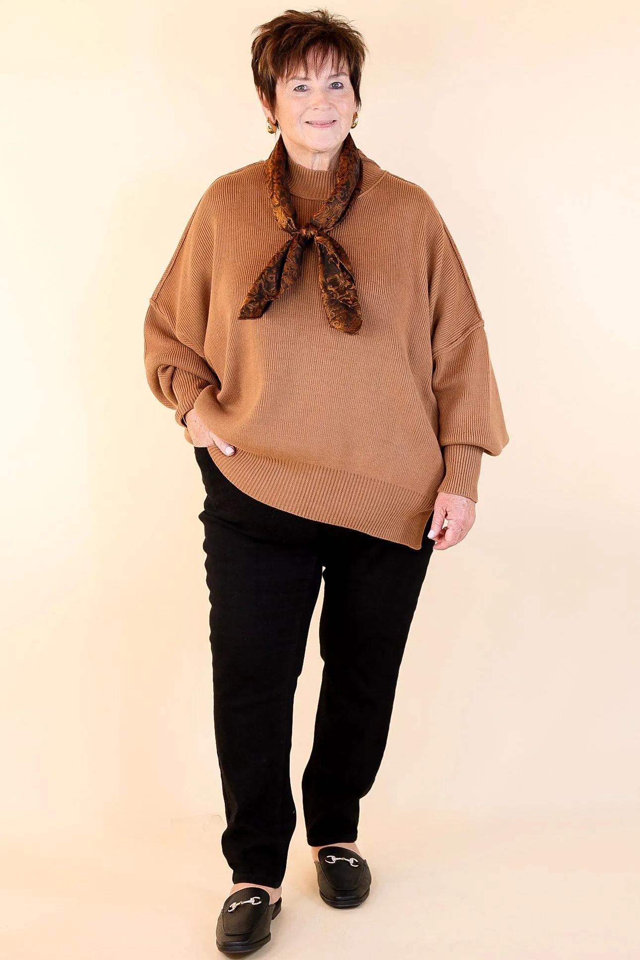 Snug and Stylish Mock Neck Sweater with Side Slit in Camel Brown