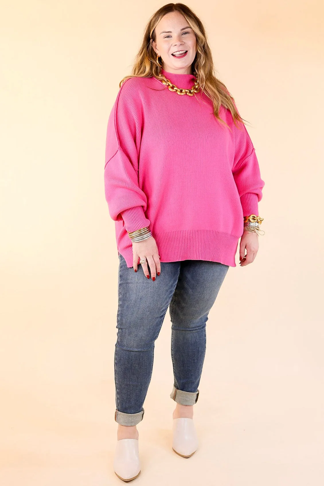 Snug and Stylish Mock Neck Sweater with Side Slit in Fuchsia Pink