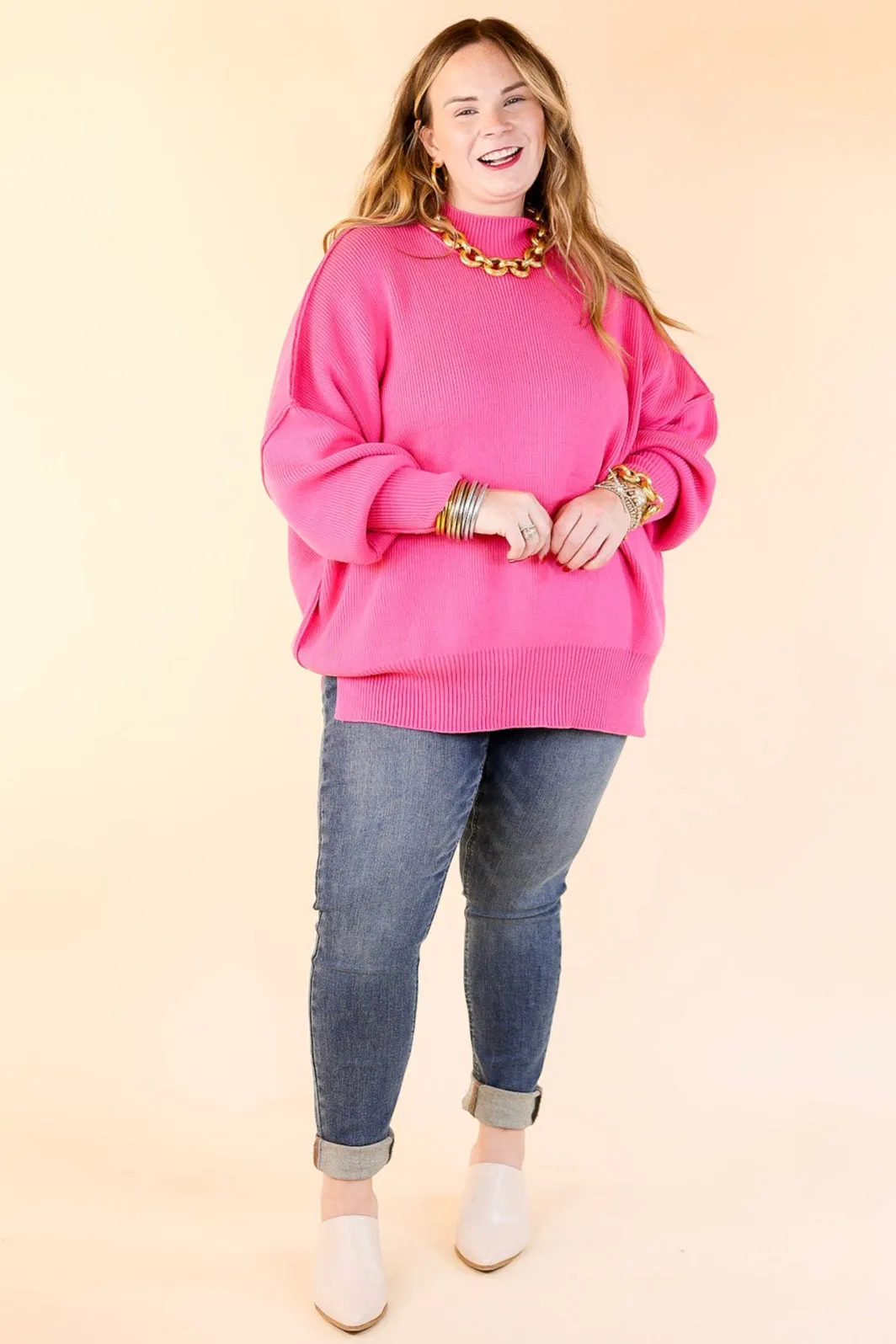 Snug and Stylish Mock Neck Sweater with Side Slit in Fuchsia Pink