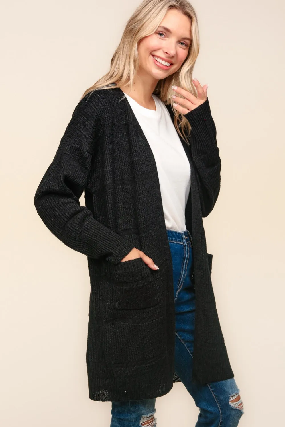 Stripe Textured Open Front Cardigan with Pockets