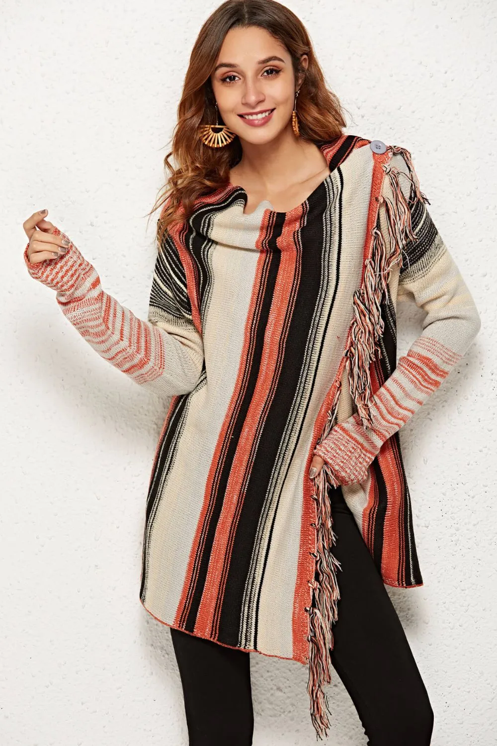 Striped Tassel Detail One-Button Cardigan