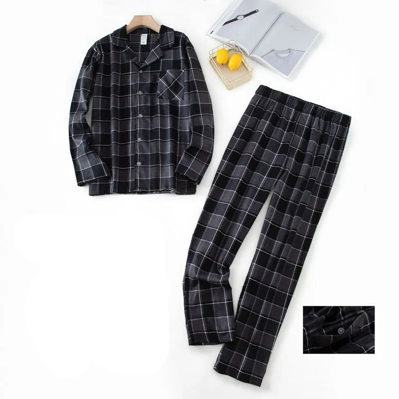 Winter Men's Plaid Flannel Pyjamas 2 Pcs Set