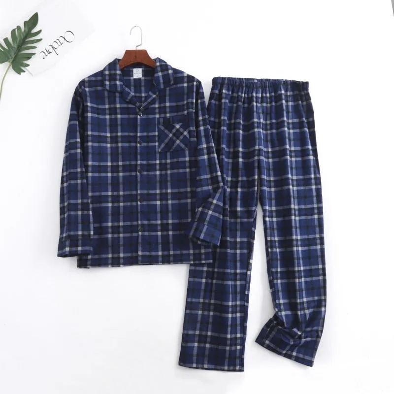 Winter Men's Plaid Flannel Pyjamas 2 Pcs Set