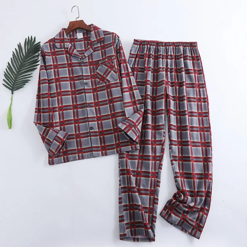 Winter Men's Plaid Flannel Pyjamas 2 Pcs Set