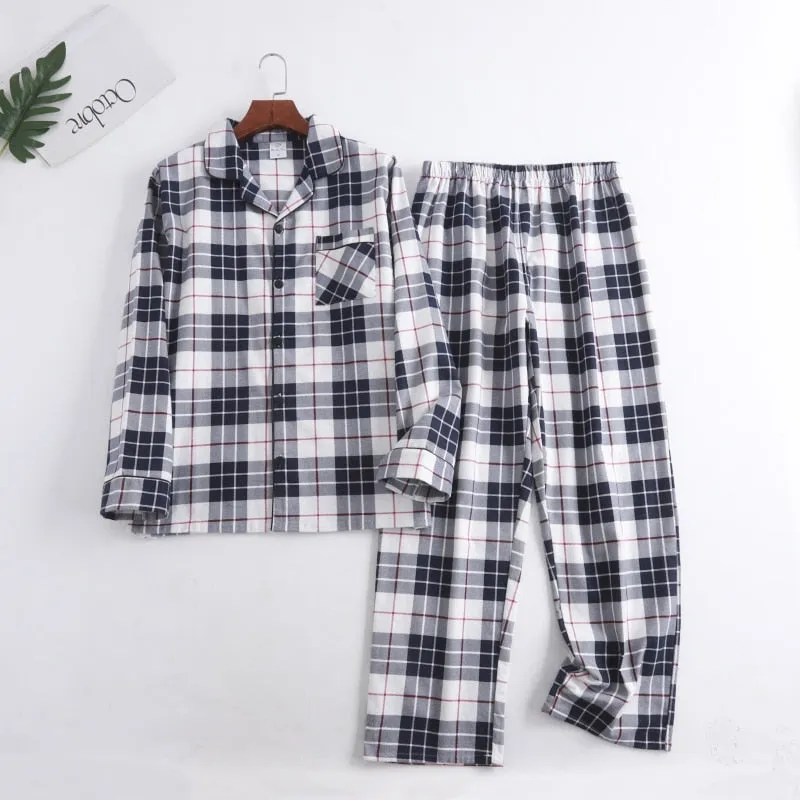 Winter Men's Plaid Flannel Pyjamas 2 Pcs Set