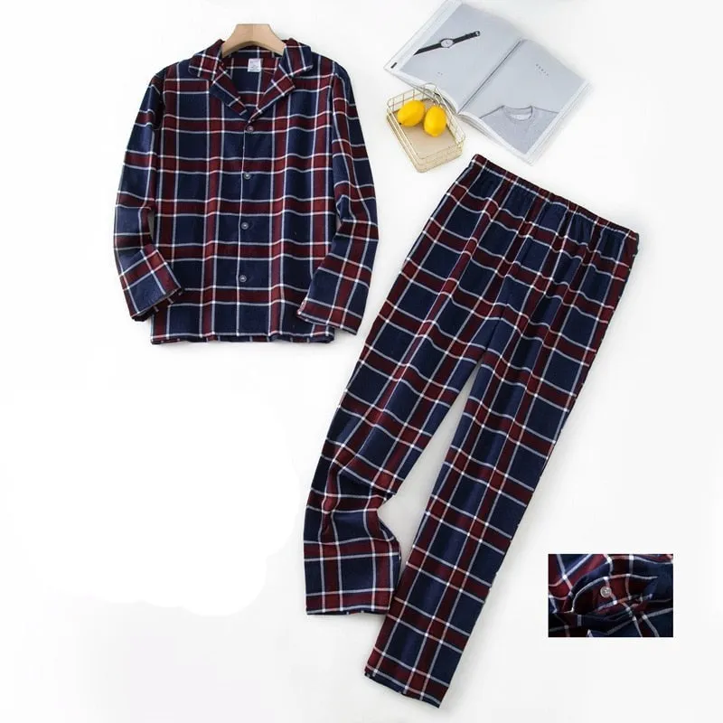 Winter Men's Plaid Flannel Pyjamas 2 Pcs Set