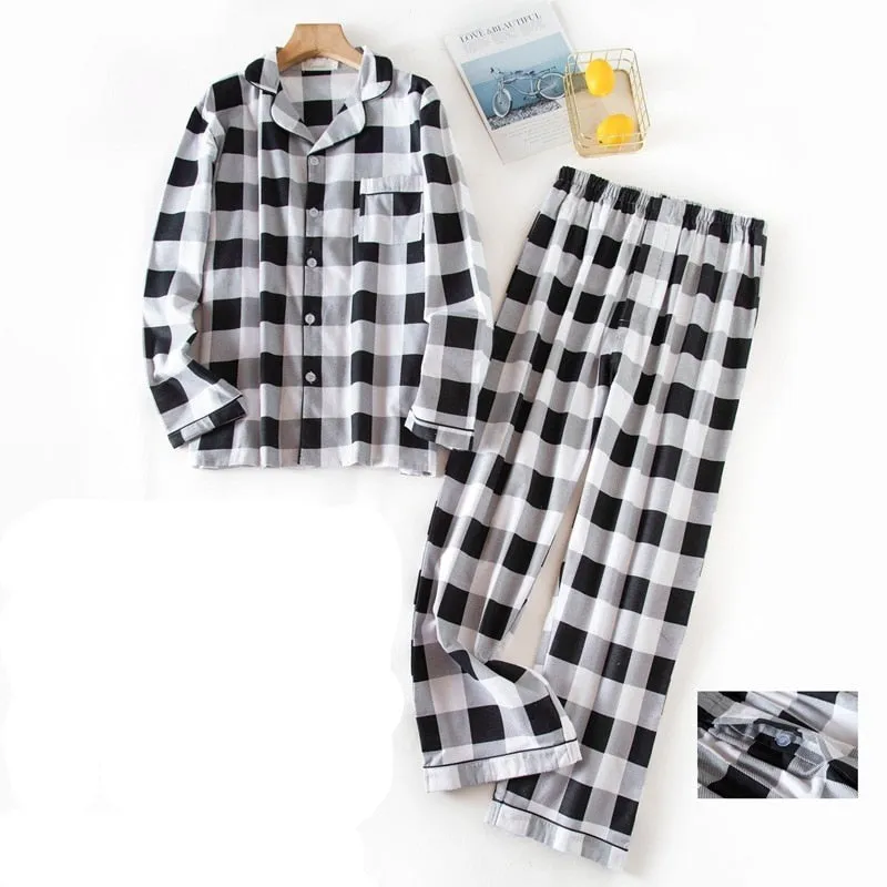 Winter Men's Plaid Flannel Pyjamas 2 Pcs Set