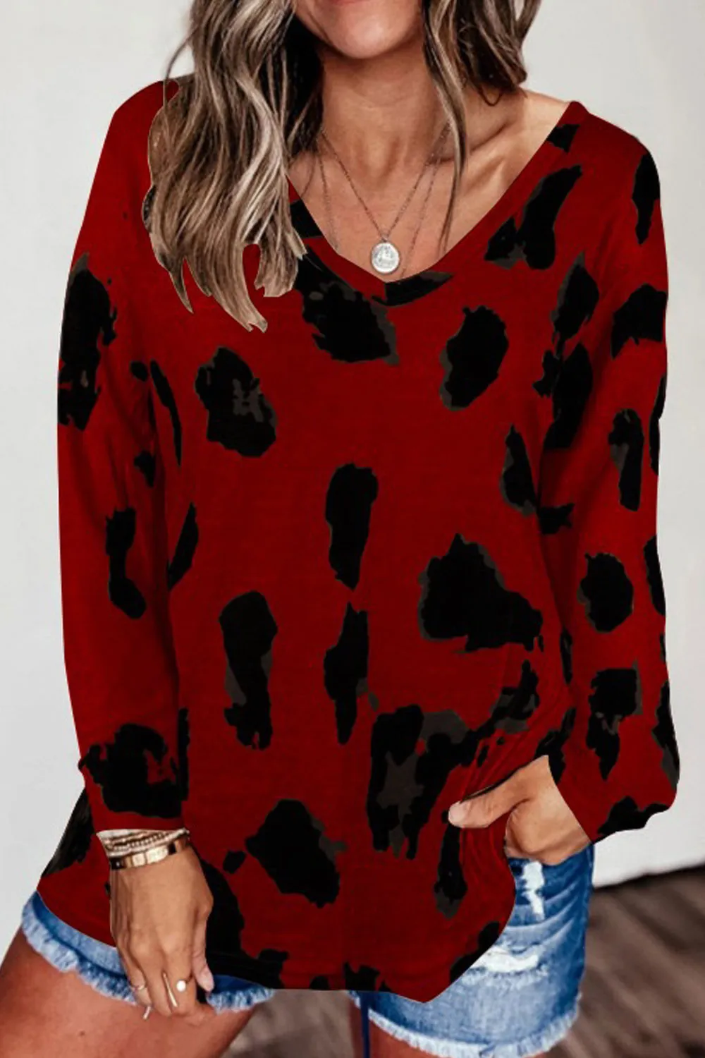 Women Long Sleeve Superb Leopard Pattern Easy Round Neck Summer Pullover Casual Blouse - WSB75271