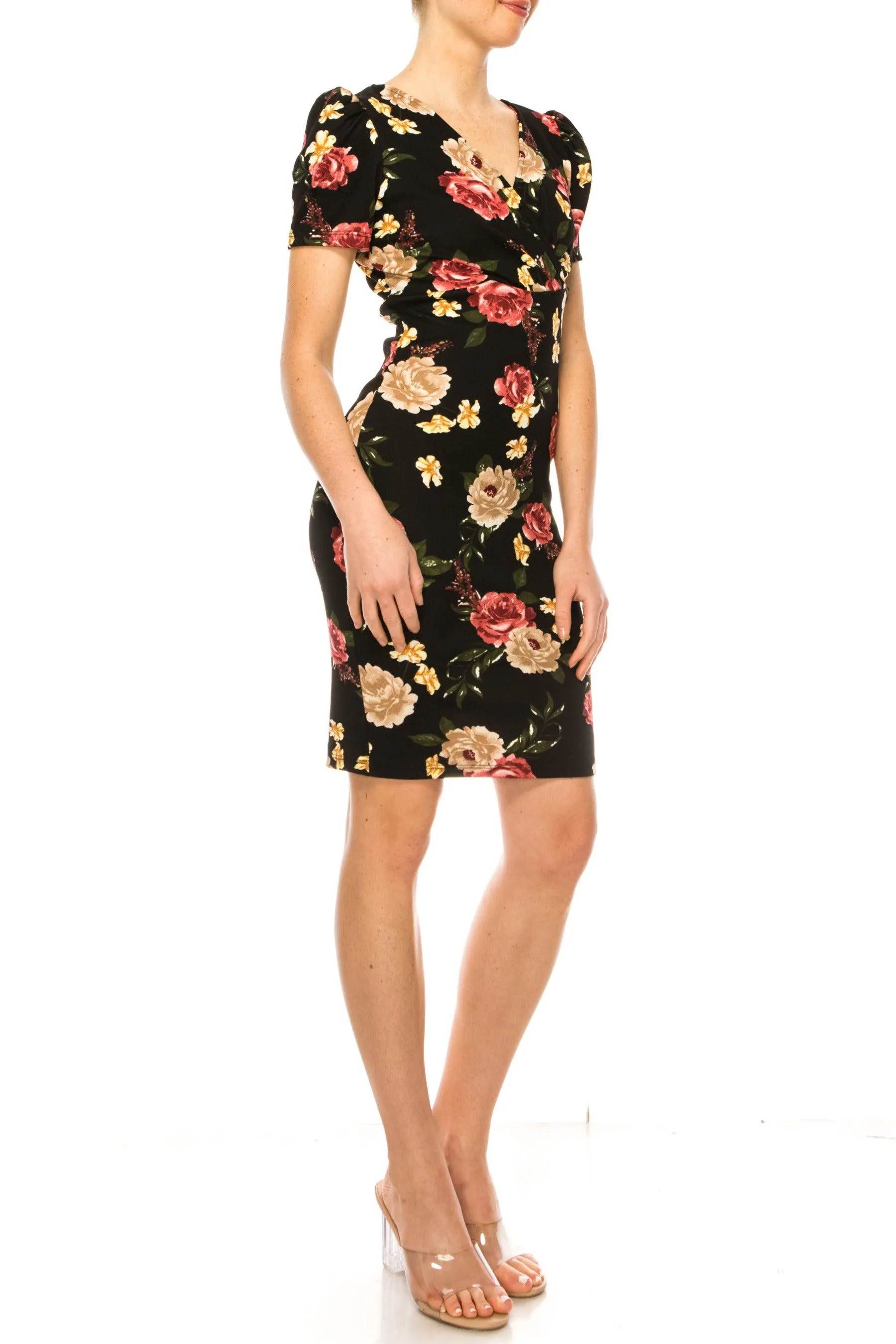 Women's Floral Sheath Dress with Deep V-Neckline and Puff Sleeves