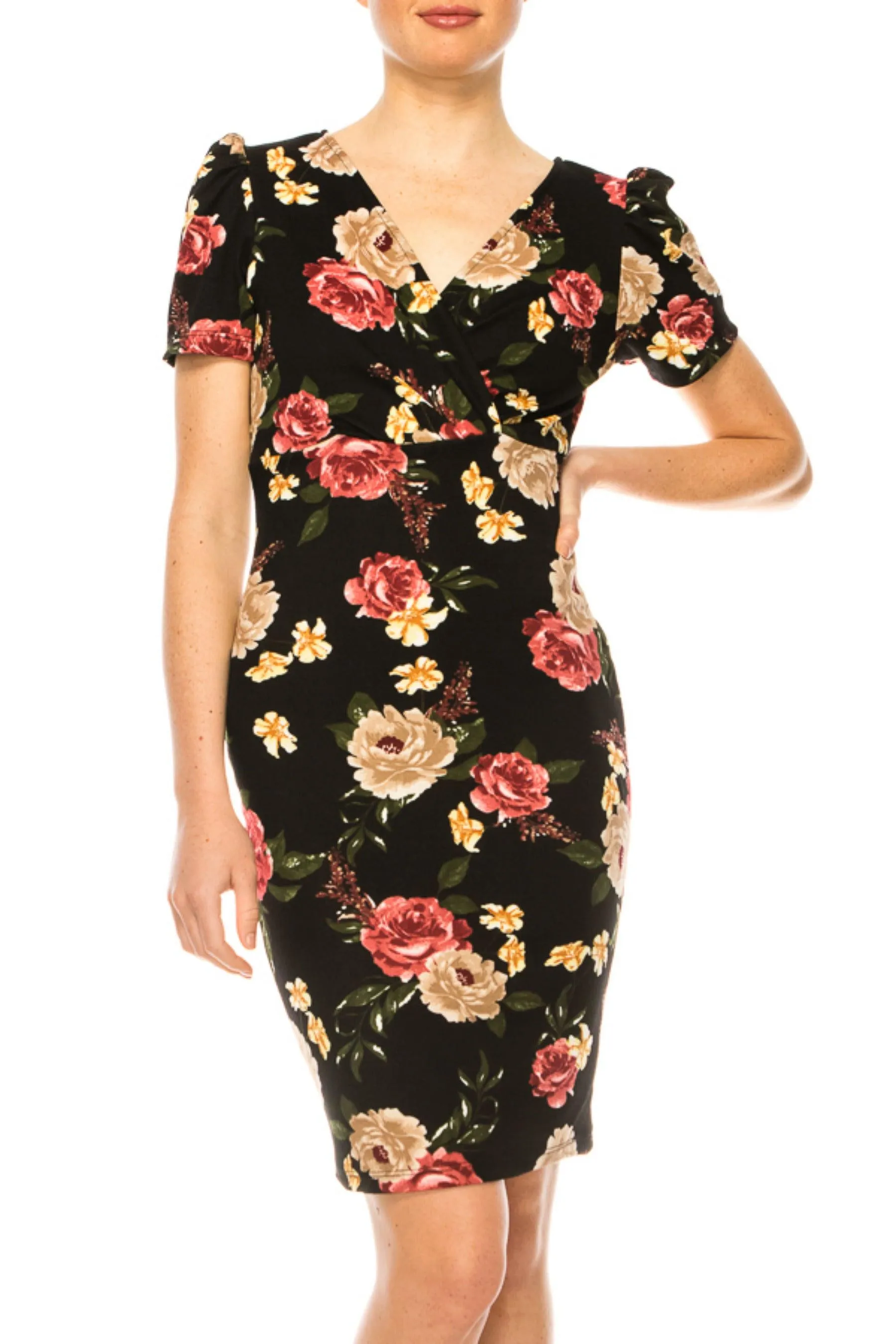 Women's Floral Sheath Dress with Deep V-Neckline and Puff Sleeves