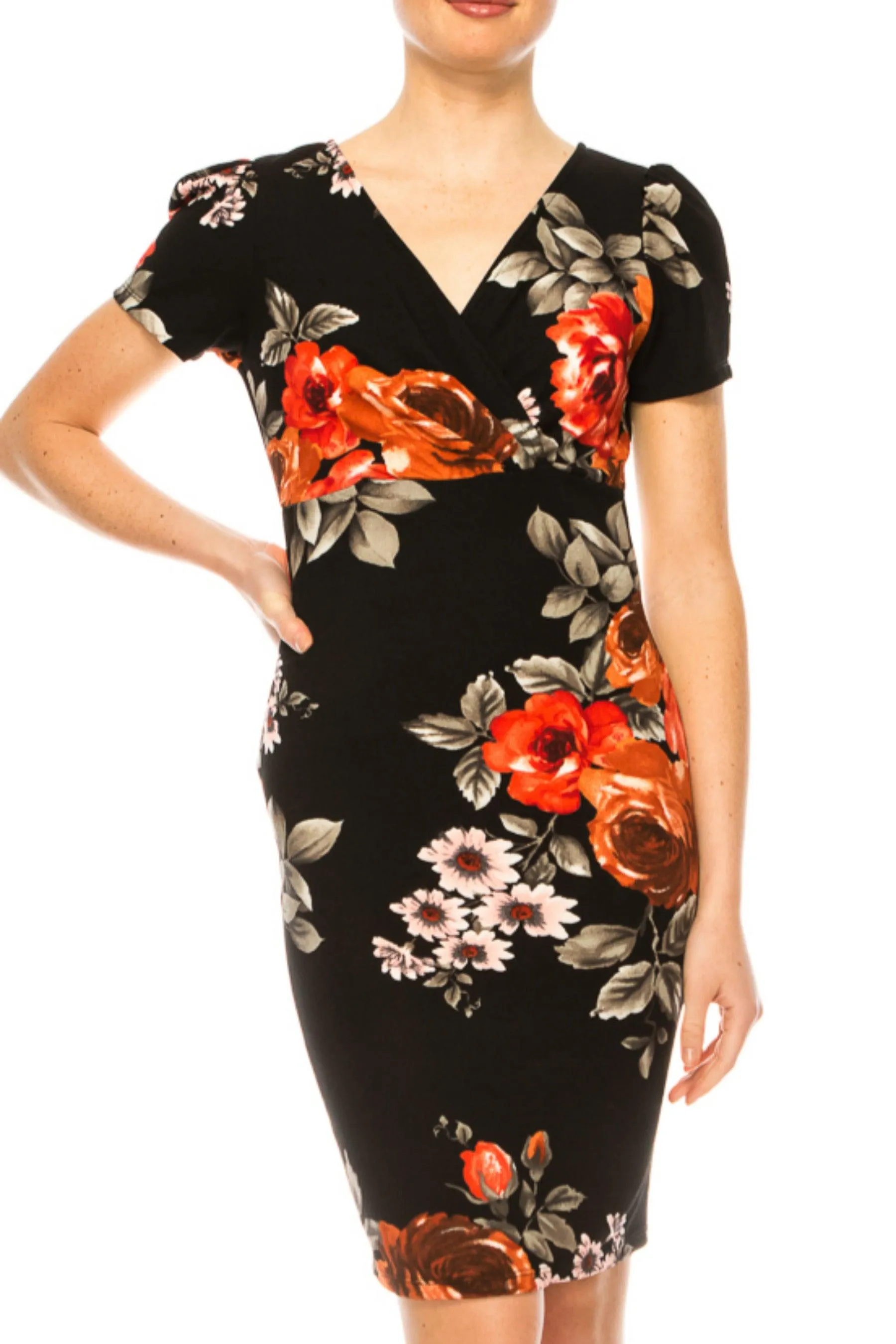 Women's Floral Sheath Dress with Deep V-Neckline and Puff Sleeves