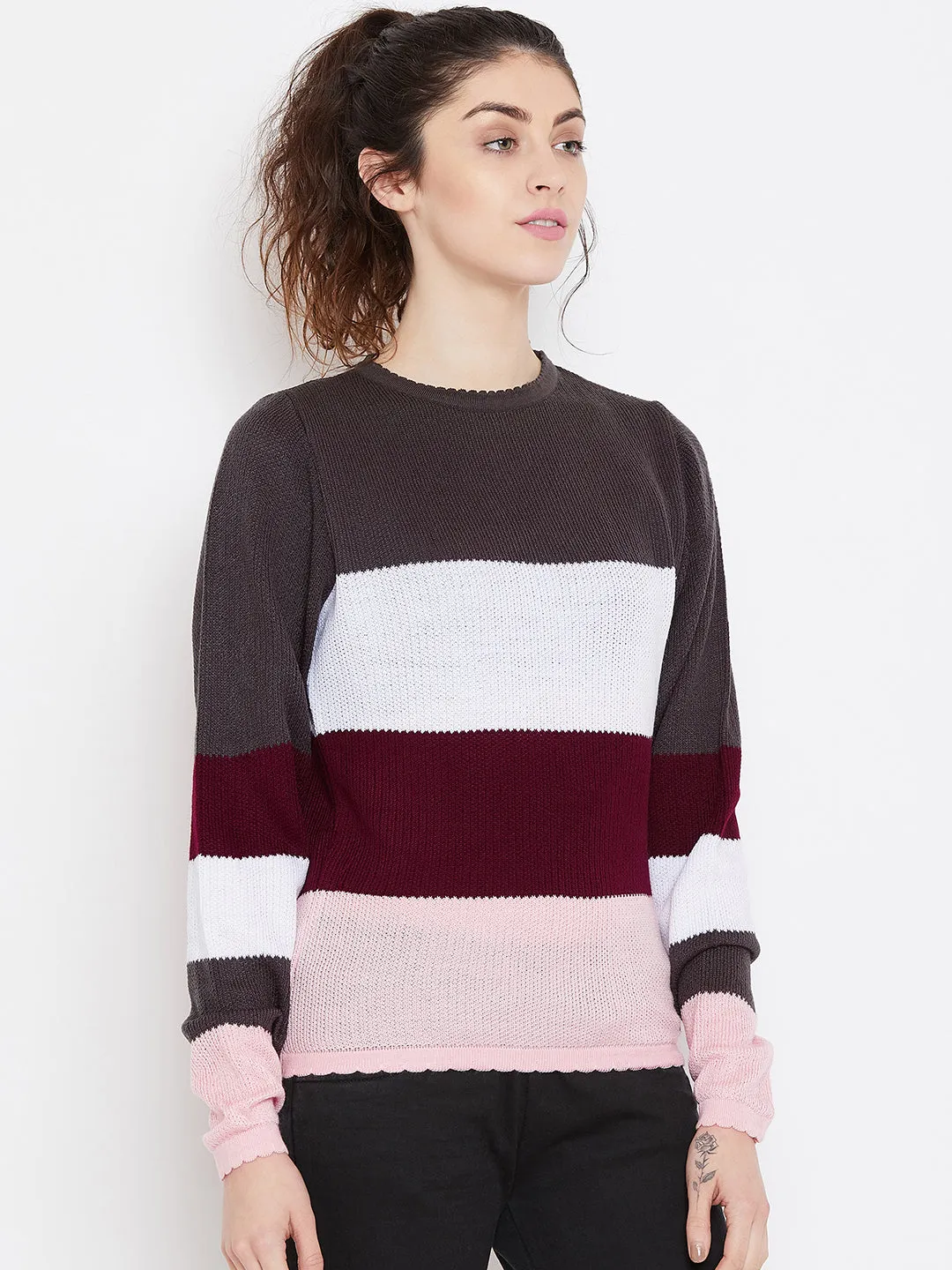 Womens Striped Charcoal/Pink Sweaters