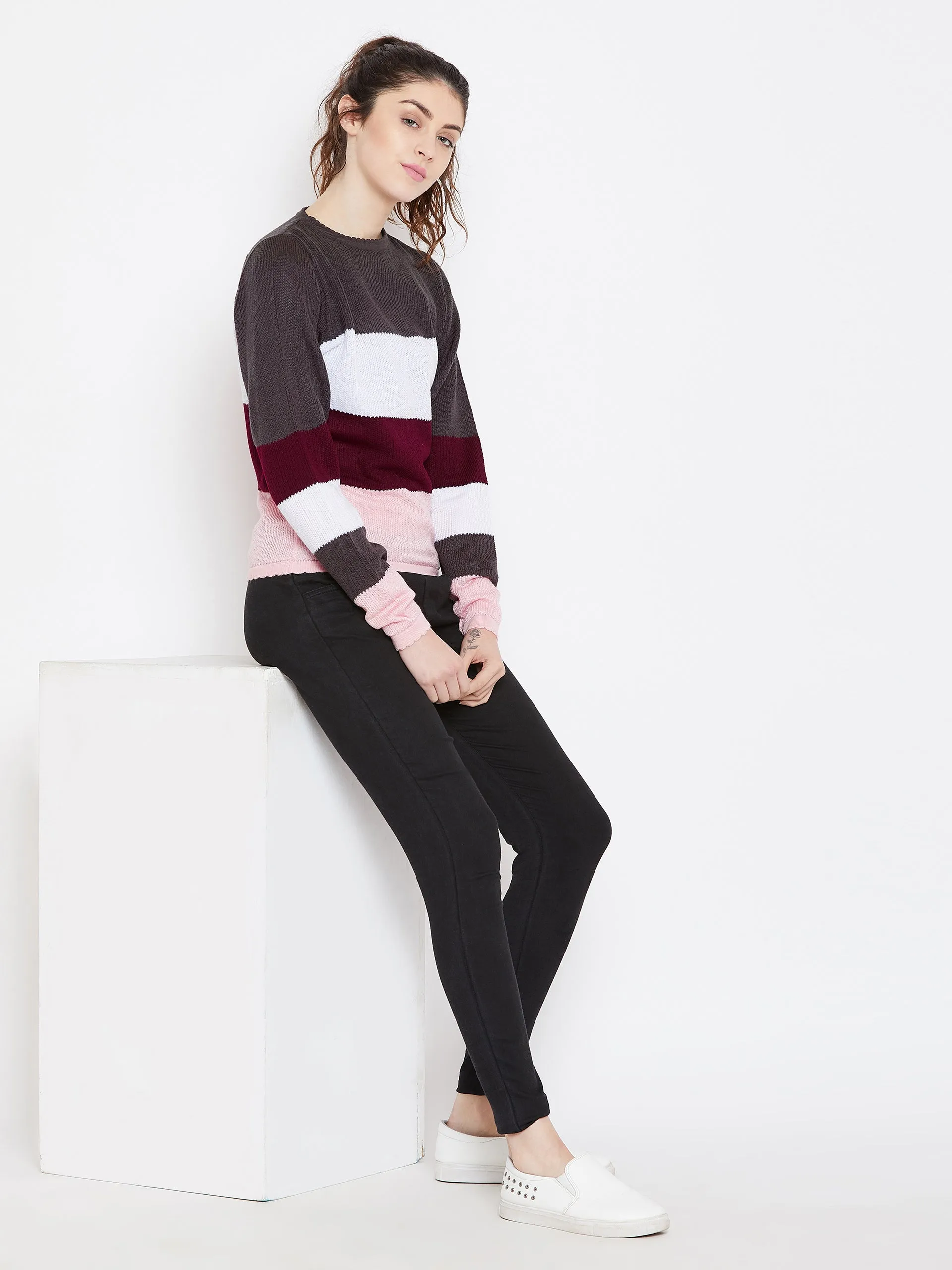 Womens Striped Charcoal/Pink Sweaters