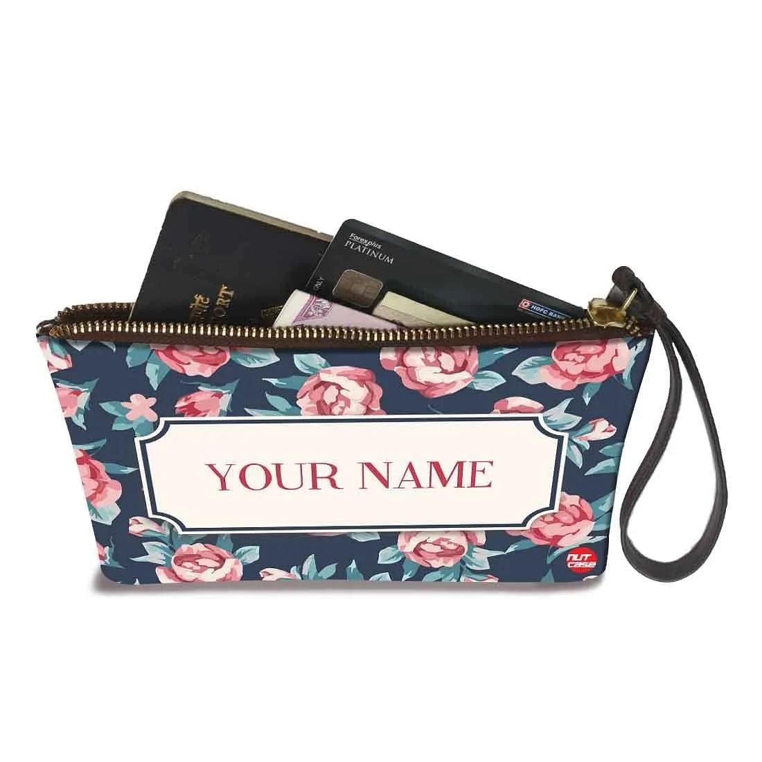 Women'S Wristlet Pouch - Blue Roses